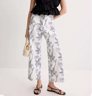 SZ Blockprints White Floral Jeans SMALL Denim Wide Leg Disco Pant Designer $258